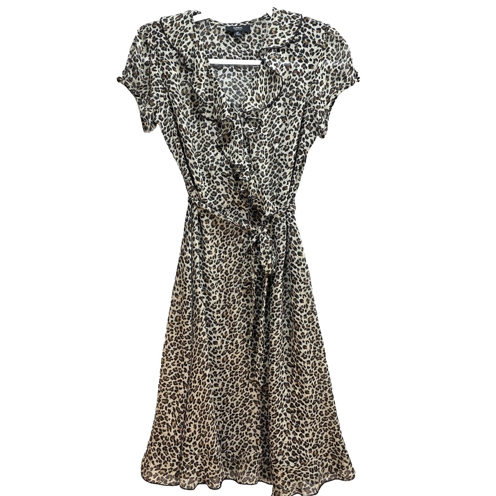 MSK Sheer Cheetah Animal Print Dress Sz 6P Ruffle‎ Faux Wrap Belted Animal Print